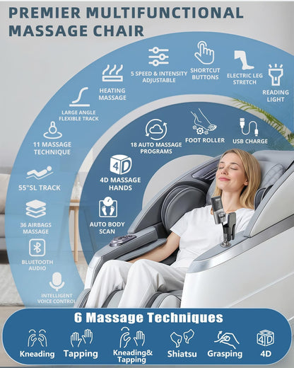 4D Massage Chair Full Body Zero Gravity Recliner,36 Airbags | Flexible 166° Sl-Track with Yoga Stretch,18 Massage Modes,Calf & Foot Roller,Body Scan,Heating,Reading Light,Ai Control,Grey