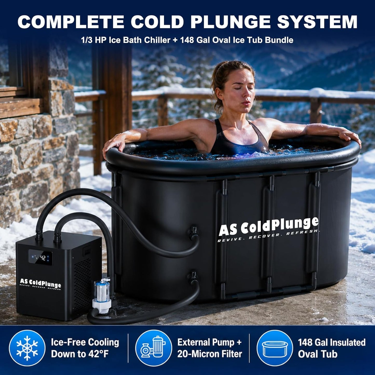 1/3 HP Ice Bath Chiller & 148 Gal Oval Cold Plunge Tub Kit | Cold Plunge Chiller with External Pump & Filter, XXL Upgraded Ice Pod, Cold Plunge Tub with Chiller for Cold Therapy Recovery