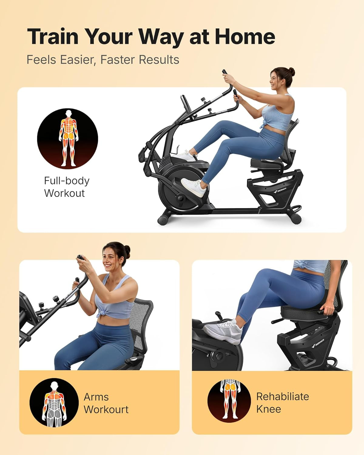 Recumbent Exercise Bike, Stationary Bikes for Home with Bluetooth Exclusive App, Magnetic Resistance, Recumbent Cross Trainer with Multi-Position Adjustable Handle for Full-Body Workout
