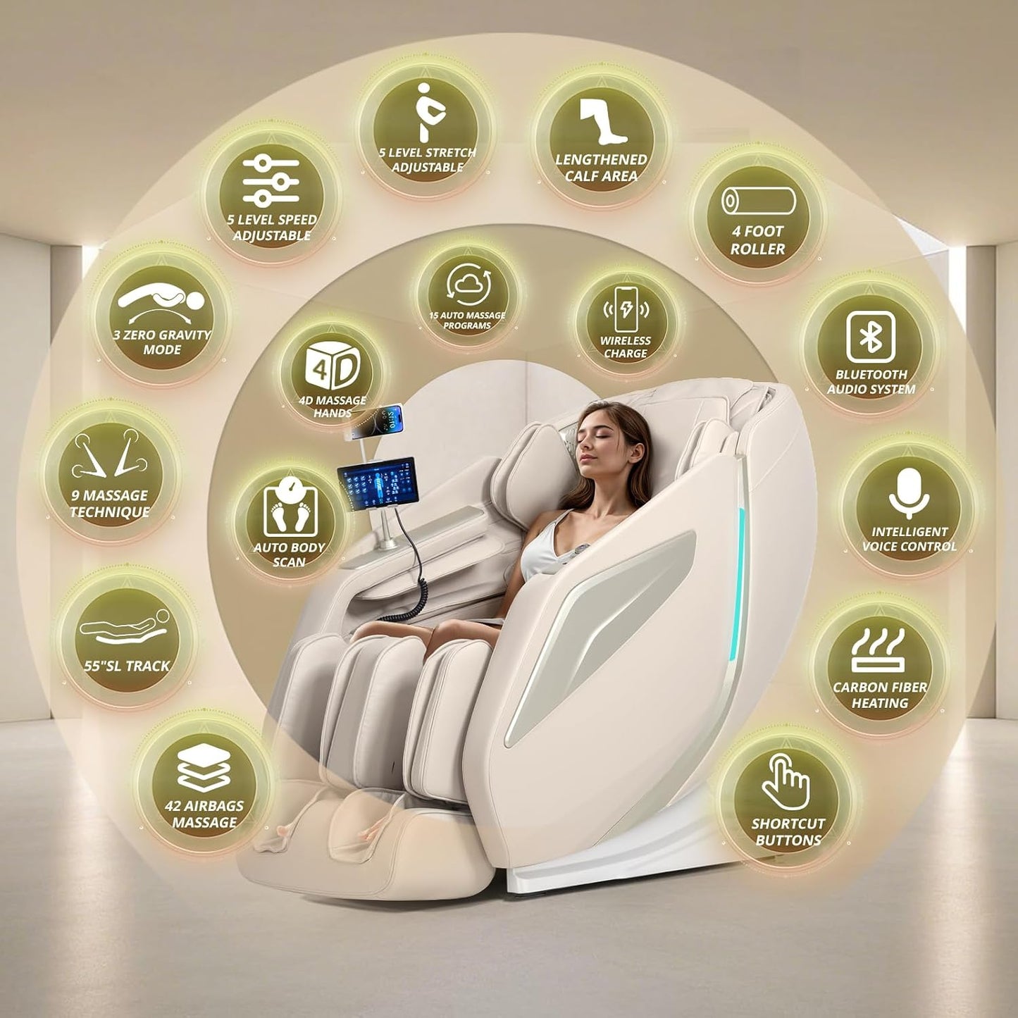 4D Massage Chair Full Body Zero Gravity Recliner,55“ Sl-Track Massage Chair | 15 Auto Modes,11 Technique,40 Airbags Massage,With Yoga Stretch,App Control,Shiatsu Foot Massage,With Body Scan