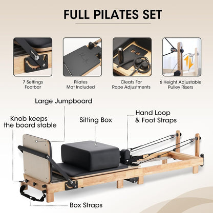 Pilates Reformer,  92" Wooden Pilates Reformer Machine with Springs, Pilates Machines for Home Use and Studio, Pilates Equipment with Sitting Box, Jump Board and Accessories