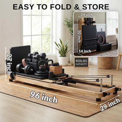 PROMAX Wood Foldable Pilates Reformer Machine for Home Workouts | Wood Pilates Machine W/ Pilates Ring, Yoga Bands, Anti-Slip Mat, Jumpboard, Music Wire Springs, up to 800Lbs Weight Capacity