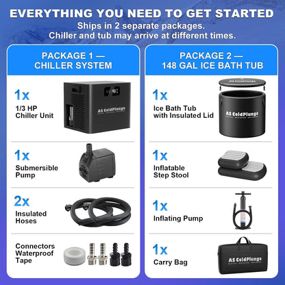 1/3 HP Ice Bath Chiller & 120 Gal Cold Plunge Tub Kit | Built-In Pump & Filter, 42°F Cooling, XL Insulated Ice Pod Pro with Step Stool, Cold Plunge Tub with Chiller for Cold Therapy