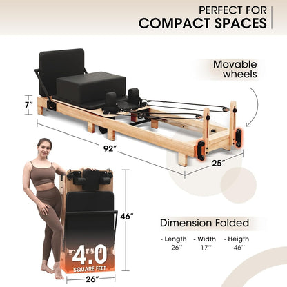 Pilates Reformer,  92" Wooden Pilates Reformer Machine with Springs, Pilates Machines for Home Use and Studio, Pilates Equipment with Sitting Box, Jump Board and Accessories