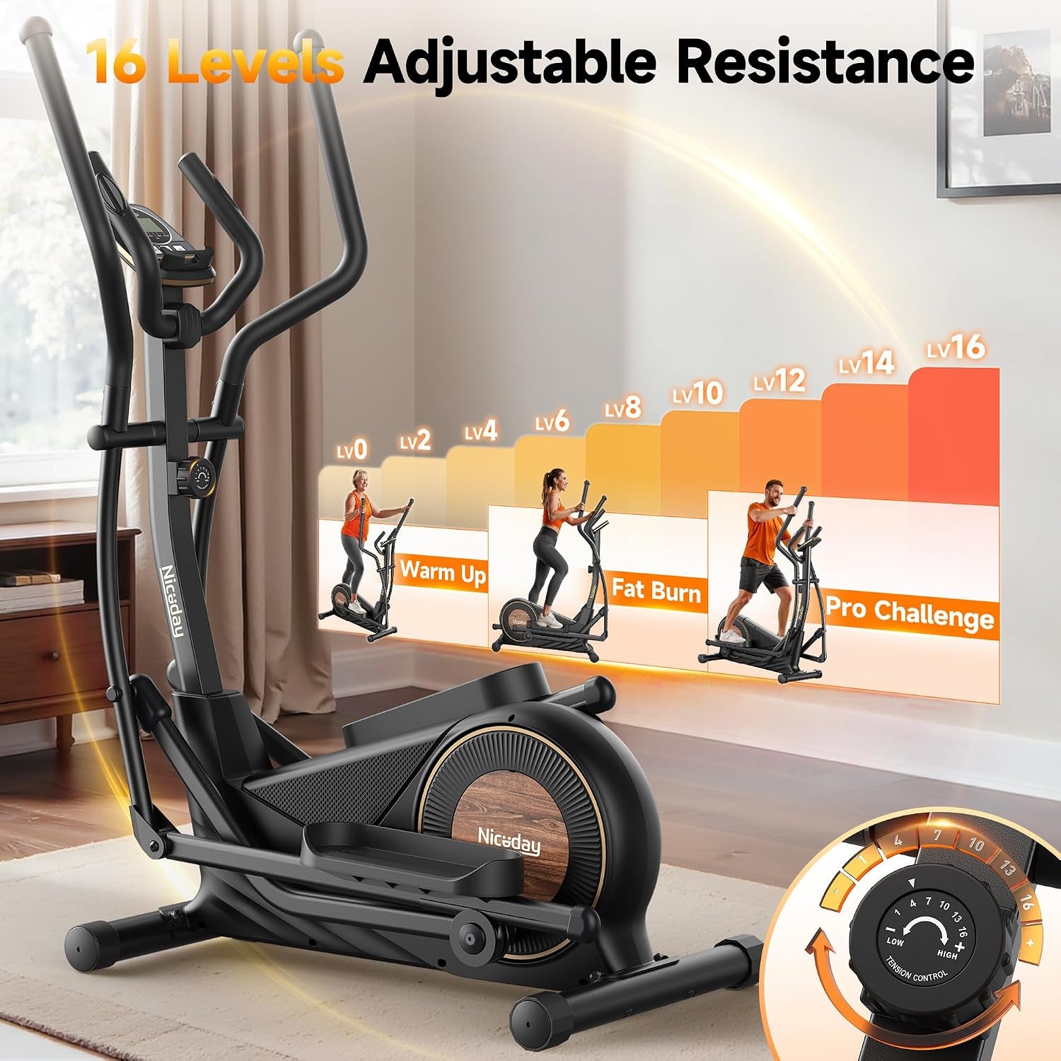 Elliptical Exercise Machine, Elliptical Machine for Home, Magnetic Elliptical Trainer with 15.5IN-19IN Stride, 16 Resistance Levels, 400LBS Loading Capacity, Support Kinomap APP
