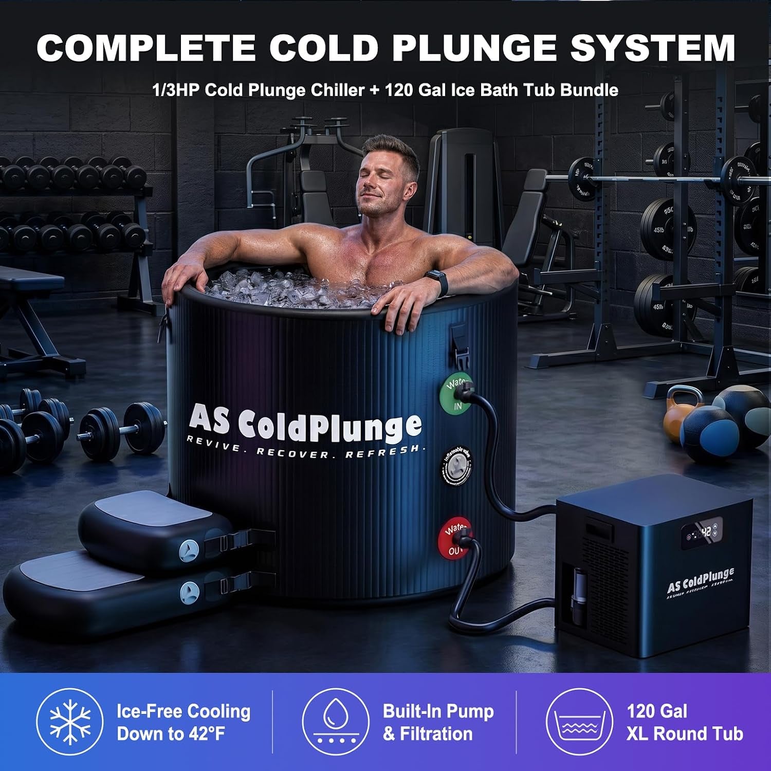 1/3 HP Ice Bath Chiller & 120 Gal Cold Plunge Tub Kit | Built-In Pump & Filter, 42°F Cooling, XL Insulated Ice Pod Pro with Step Stool, Cold Plunge Tub with Chiller for Cold Therapy