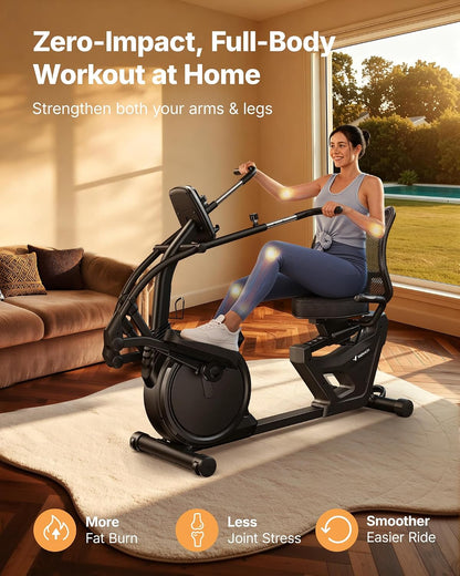 Recumbent Exercise Bike, Stationary Bikes for Home with Bluetooth Exclusive App, Magnetic Resistance, Recumbent Cross Trainer with Multi-Position Adjustable Handle for Full-Body Workout