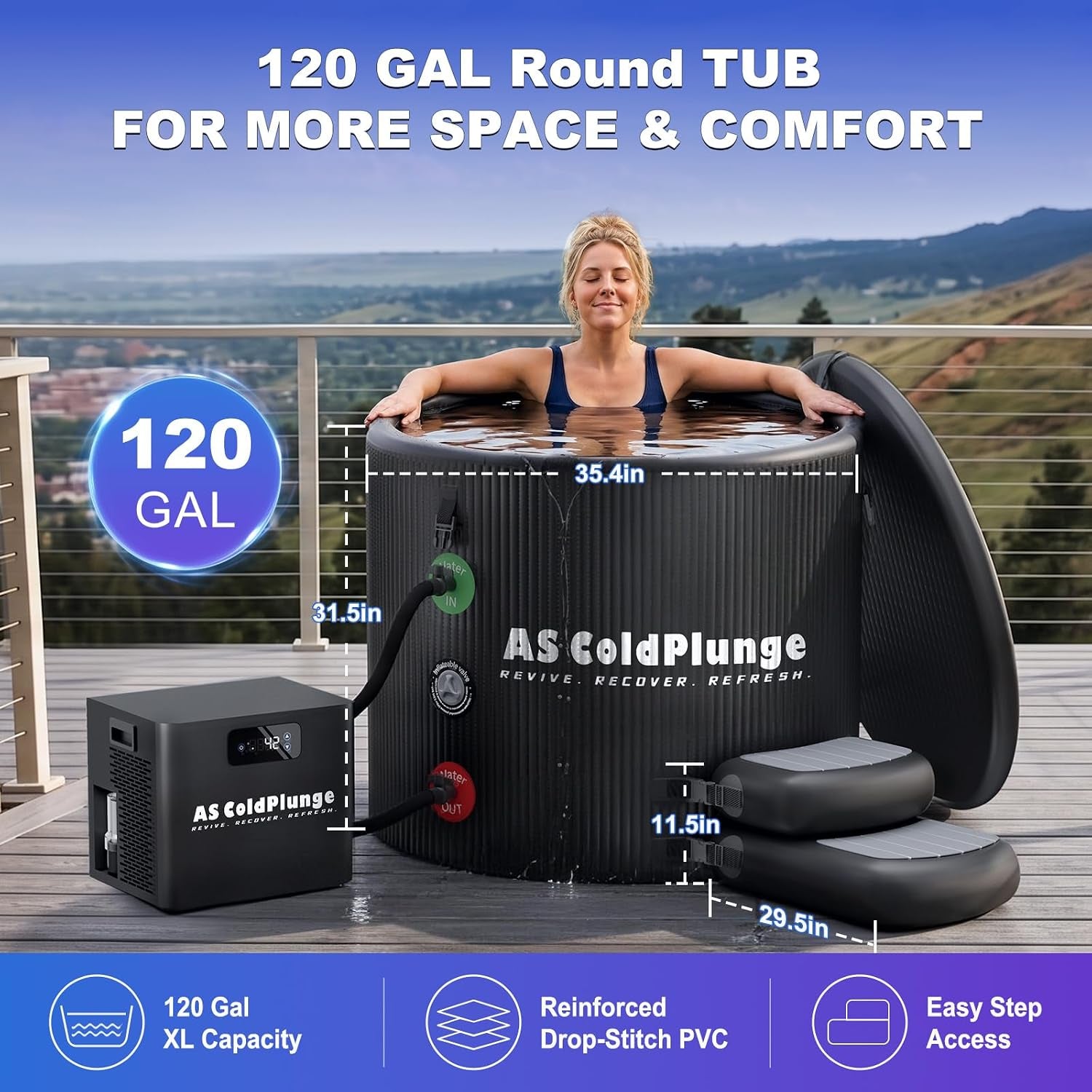 1/3 HP Ice Bath Chiller & 120 Gal Cold Plunge Tub Kit | Built-In Pump & Filter, 42°F Cooling, XL Insulated Ice Pod Pro with Step Stool, Cold Plunge Tub with Chiller for Cold Therapy