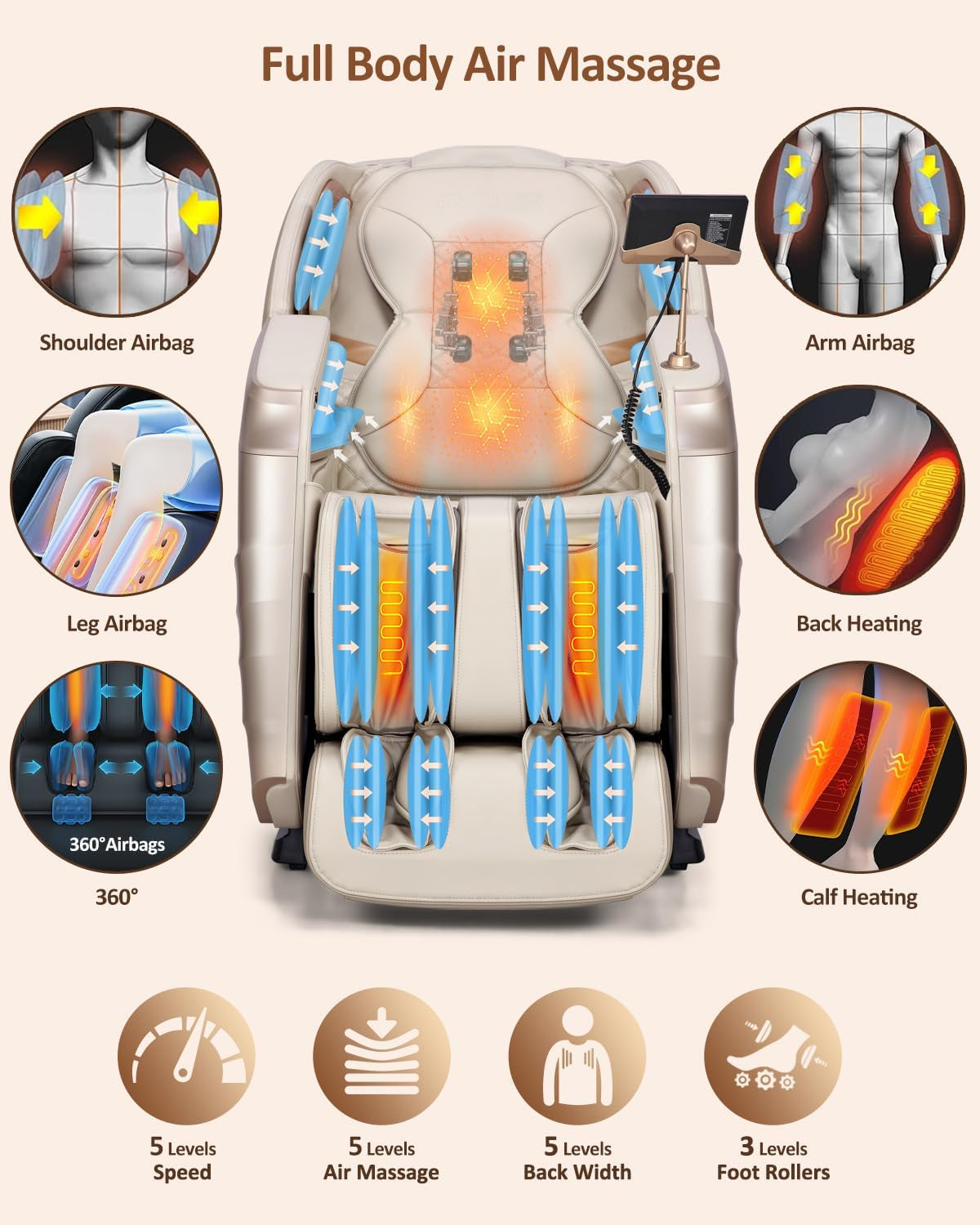 Massage Chair Full Body with Body Scan, Zero Gravity, Sl-Track, Cream | 20 Modes Shiatsu Massage Chair Built-In Heat System, Airbag Massage with Deep Yoga Stretch, Calfrest Extension and AI Control