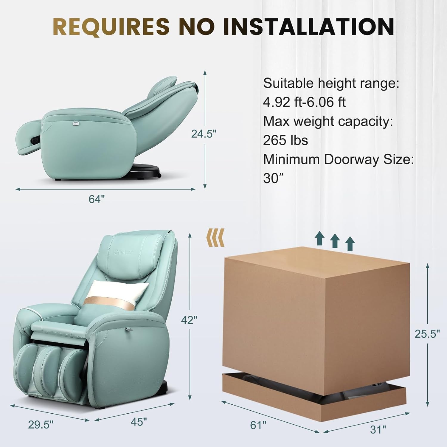 Massage Chair, Full Body Zero Gravity Massage Recliner with SL Track, Waist Heater, Calf Airbag, Automatic Shoulder Detection, Remote Control, Wheels, Pillow, Installation Free (Green)