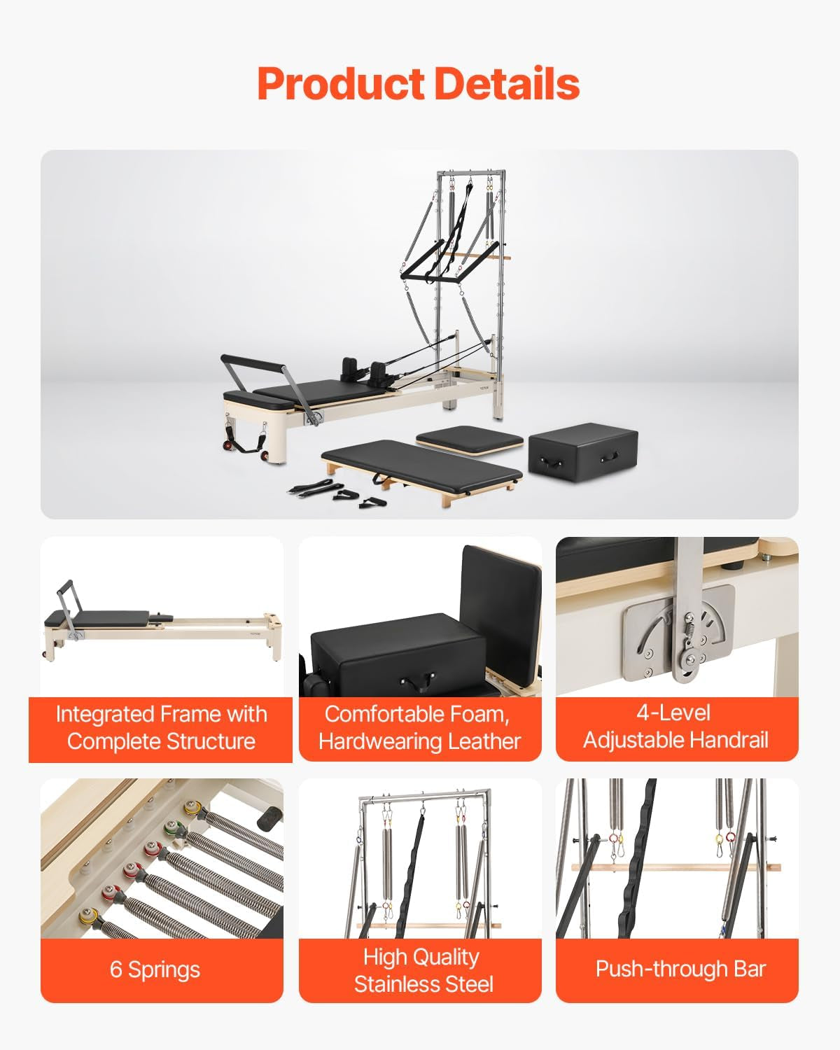 Pilates Reformer Foldable, Suitable for Intermediate and Beginners Users, Pilates Equipment for Home Gym Studio Use with 4 Adjustable Resistance Spring, up to 400 LBS
