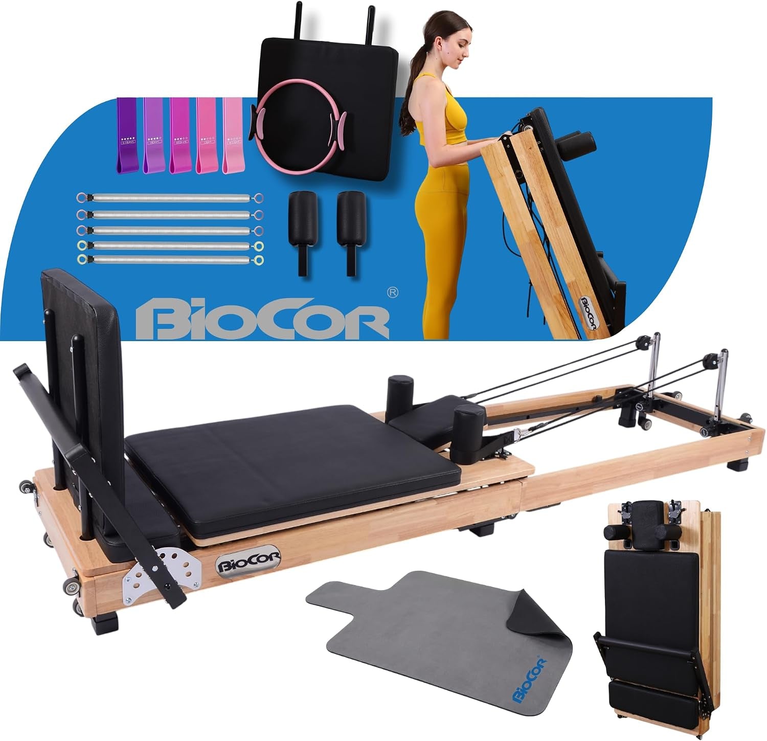 PROMAX Wood Foldable Pilates Reformer Machine for Home Workouts | Wood Pilates Machine W/ Pilates Ring, Yoga Bands, Anti-Slip Mat, Jumpboard, Music Wire Springs, up to 800Lbs Weight Capacity