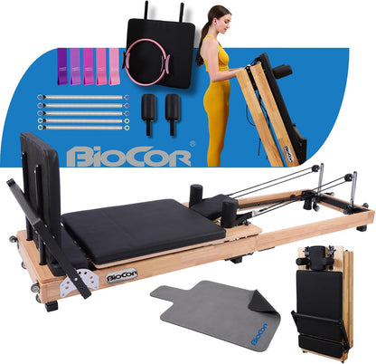 PROMAX Wood Foldable Pilates Reformer Machine for Home Workouts | Wood Pilates Machine W/ Pilates Ring, Yoga Bands, Anti-Slip Mat, Jumpboard, Music Wire Springs, up to 800Lbs Weight Capacity