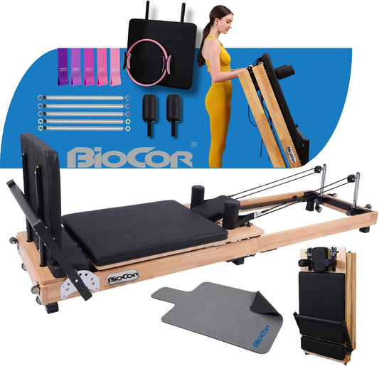 PROMAX Wood Foldable Pilates Reformer Machine for Home Workouts | Wood Pilates Machine W/ Pilates Ring, Yoga Bands, Anti-Slip Mat, Jumpboard, Music Wire Springs, up to 800Lbs Weight Capacity