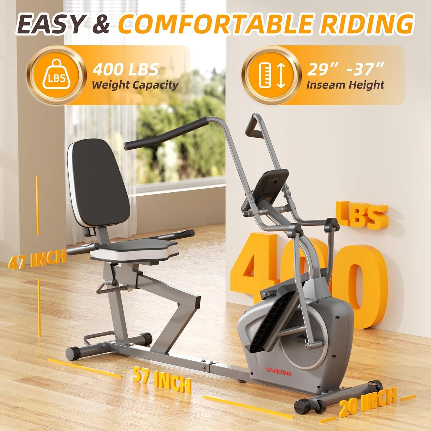 Recumbent Elliptical Cross Trainer with Arms for Full Body Workout | Fit 5’2”-6’5”, 450 LBS Weight Capacity, for Seniors & Rehab, Bluetooth App Connectivity, Back-Lit LED Display, Easy on & Off