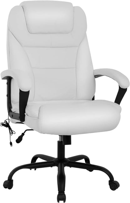 Big and Tall 500Lbs Wide Seat Ergonomic Desk Chair with Lumbar Support Arms Headrest Massage Office Chair Rolling Swivel PU Leather Task Computer Chair for Adults (White)